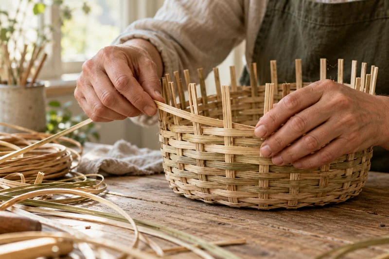 Hands working on an unfinished woven basket at a wooden worktable
